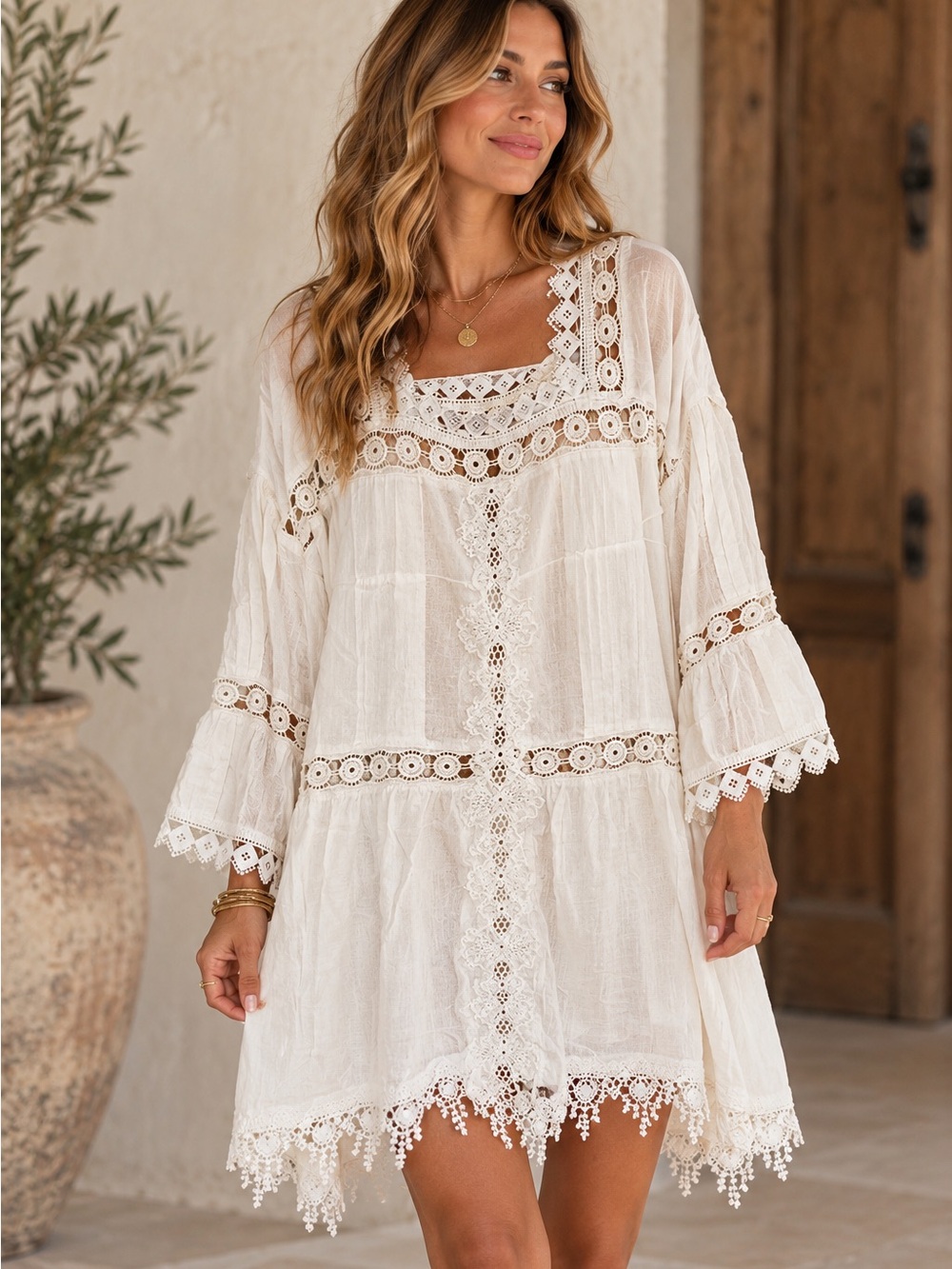 POL White Lace Trim Bell Sleeve Tunic Dress (131313) 🌼